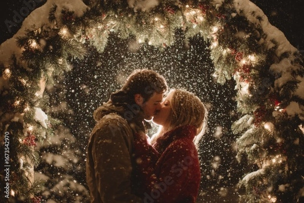 Fototapeta Couple kissing under holiday arch of lights with gentle snow and soft bokeh