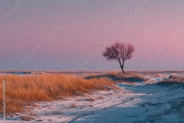 Fototapeta Solitary tree on snowy plain at dusk, pastel sky