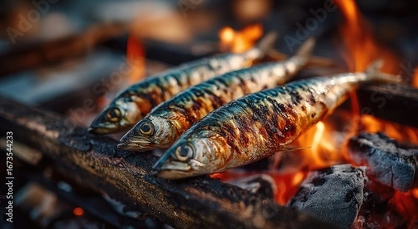 Obraz Grilled fish over campfire