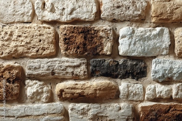 Fototapeta Irregularly shaped stones, varying colors, beige, brown, and white, create a textured wall