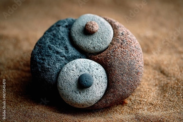 Fototapeta Yin-yang symbol formed by smooth stones resting on sand