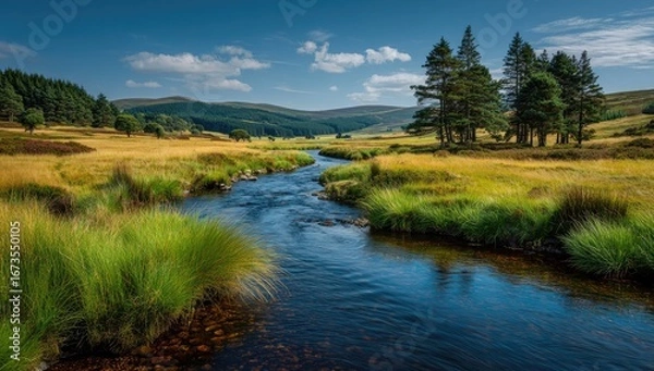 Obraz Sunny glen, stream winds through meadow
