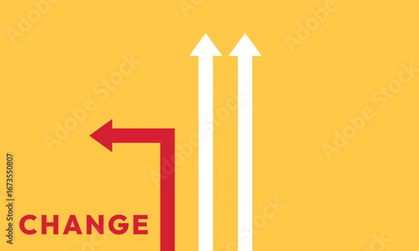Fototapeta Background change concept. Minimalist stile red arrow changing direction and white ones. New idea, changer, trend, courage, creative solution,business, innovation and unique way concept