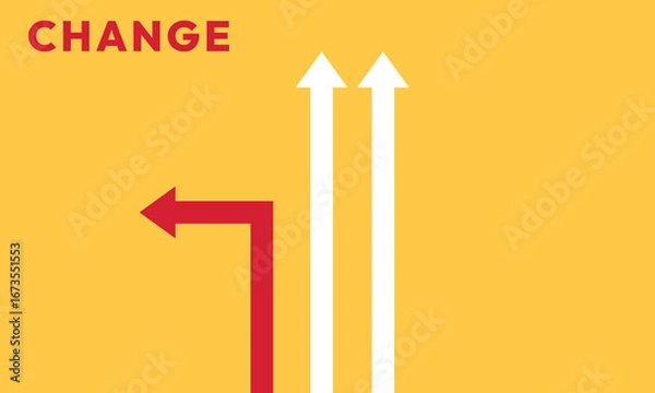 Fototapeta Background change concept. Minimalist stile red arrow changing direction and white ones. New idea, changer, trend, courage, creative solution,business, innovation and unique way concept