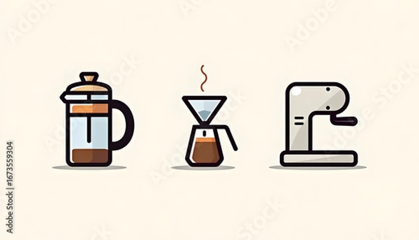 Fototapeta Stylish minimalist illustration depicting various coffee brewing equipment and methods.