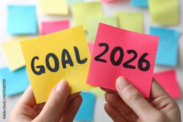 Obraz A person holds up a bright yellow sticky note with the word goal and the year 2026 written in bold black letters, surrounded by colorful notes in a festive New Year atmosphere