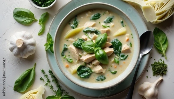 Fototapeta Fresh chicken and spinach soup with garlic, herbs, and cheese, served in a bowl with basil leaves and a dark spoon; surrounded by ingredients and greenery.