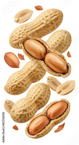 Fototapeta Close up of whole and peeled peanuts isolated on white background perfect for cooking and healthy snack imagery