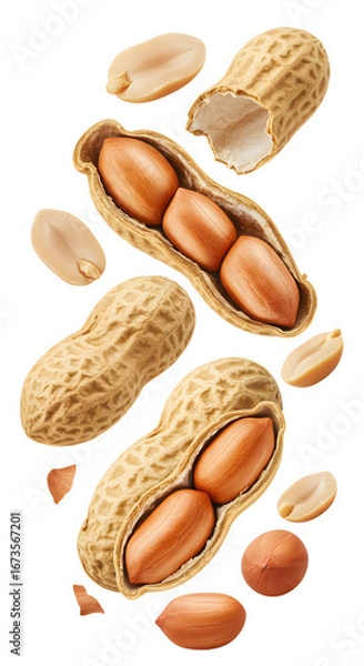 Fototapeta Close-up of raw peanuts in shells and shelled peanuts isolated on white background - perfect for healthy snack or cooking ingredients