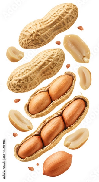 Fototapeta Close-up of whole and shelled peanuts isolated on white background, perfect for healthy snack and cooking concepts