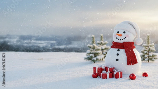 Obraz Snowman with Santa Hat and Gifts in Snowy Landscape