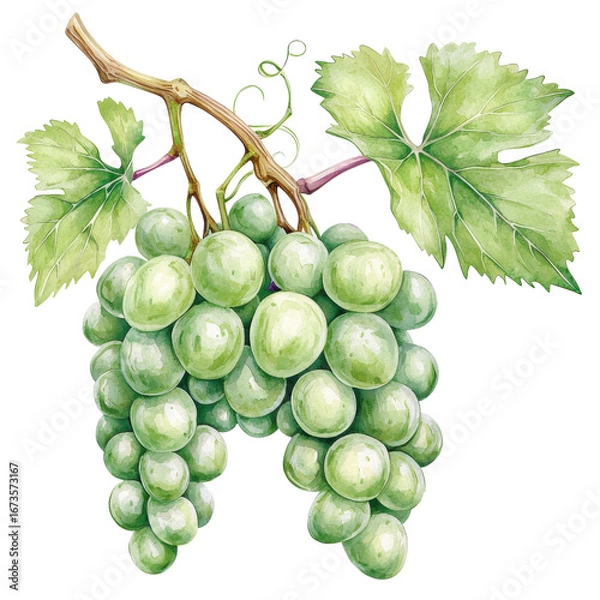 Fototapeta Watercolor illustration of green grape bunch with leaves on vine branch