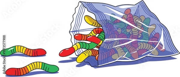 Fototapeta Cartoon image of a bag of gummy worms with some spilled out on the surface
