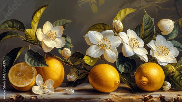 Obraz Still life of lemons and blossoms on a textured surface.