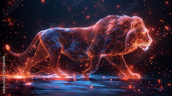 Obraz Abstract glowing lion walking on a reflective surface.