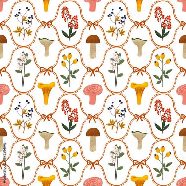 Fototapeta Seamless botanical pattern with mushrooms, berries, flowers. Whimsical autumn design perfect for crafts, wrapping, wallpaper, textiles, stationery, and packaging.