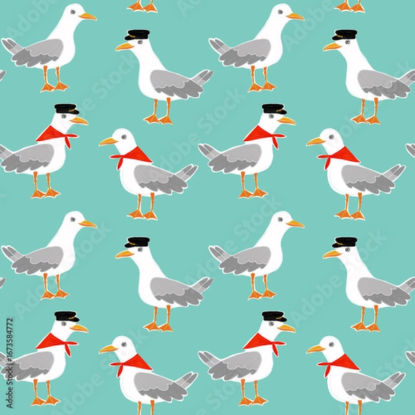 Fototapeta Seamless nautical pattern with cartoon seagulls. Seagulls-sailors repeating background. Cute marine design for wrapping, kids textiles, decor, stationery, wallpaper and packaging.