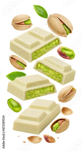 Fototapeta White chocolate bars with pistachio nuts and green pistachio filling, isolated on white background, perfect for dessert or snack designs