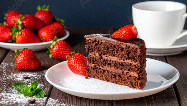 Fototapeta Chocolate cake slice presented with fresh strawberries and powdered sugar on a white plate