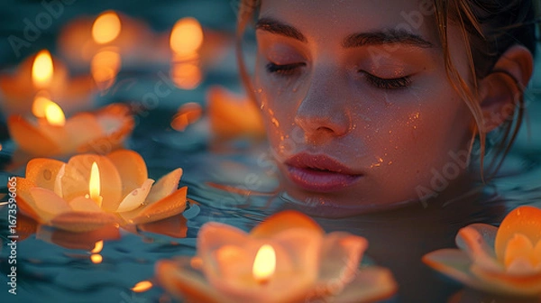 Obraz Woman with closed eyes, floating in water, surrounded by lotus candles.