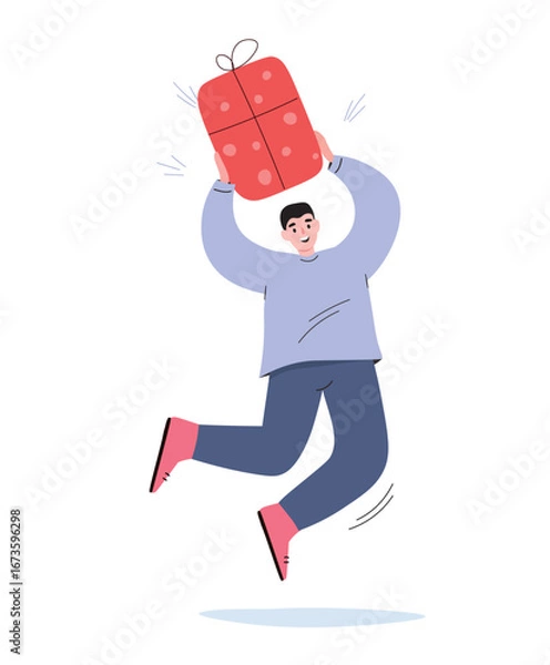 Fototapeta A happy guy with a gift in his hands. A man holds a box with a bow. Vector flat graphics.