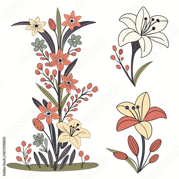 Fototapeta Vector art with floral designs of lilies and other blossoms arranged in bouquets and single stems. The illustrations have a flat, minimalist style with a muted color palette.

