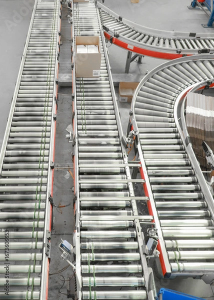 Fototapeta logistic warehouse. packing line in a logistics warehouse. conveyor belt in a modern production line