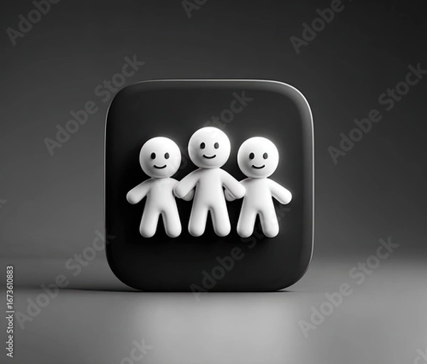 Obraz Three simple, smiling figures linked, on black square icon