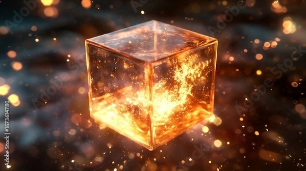 Fototapeta Glowing Cube Of Light Standing In Futuristic Night World