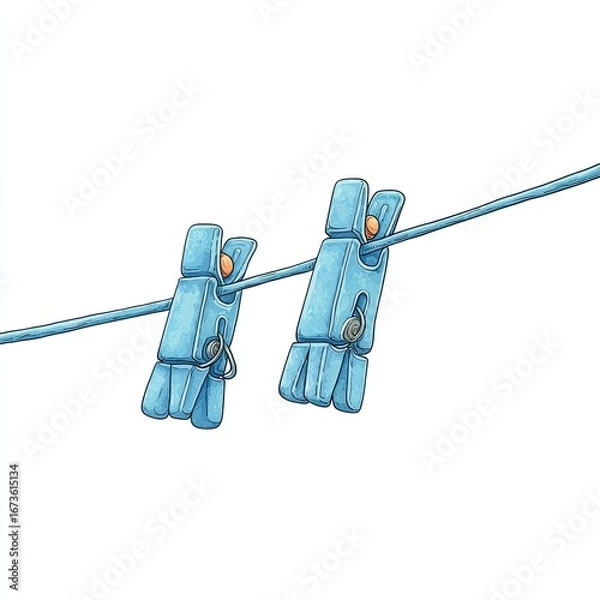 Obraz Two light-blue clothespins on a thin, light-blue clothesline