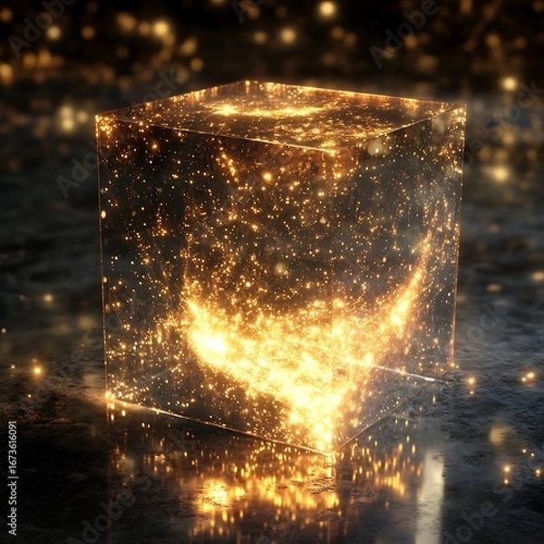 Fototapeta Sci-Fi Futuristic Landscape Featuring Glowing Transparent Cube At Night