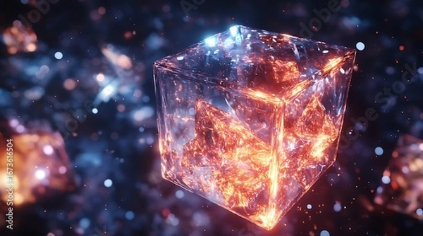 Fototapeta Transparent Cube Glowing In Futuristic Nighttime Sci-Fi Cityscape Scene