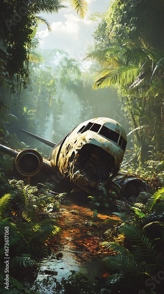 Fototapeta Abandoned Aircraft Resting In Dense Rainforest During Heavy Rainfall