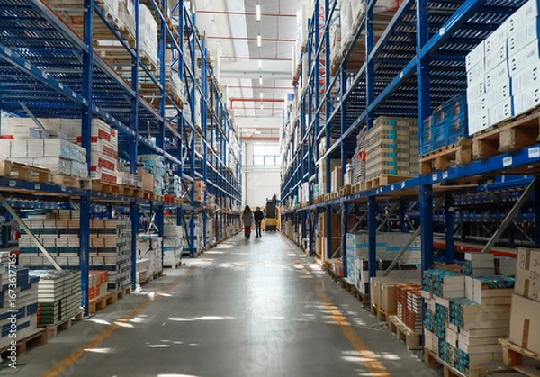 Fototapeta logistic warehouse. packing line in a logistics warehouse. conveyor belt in a modern production line