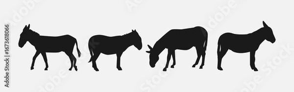 Obraz set of silhouettes of donkey with different poses, gestures. isolated on white background. vector illustration.