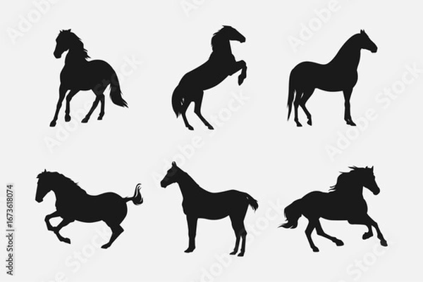 Obraz set of silhouettes of horse with different poses, gestures. isolated on white background. vector illustration.