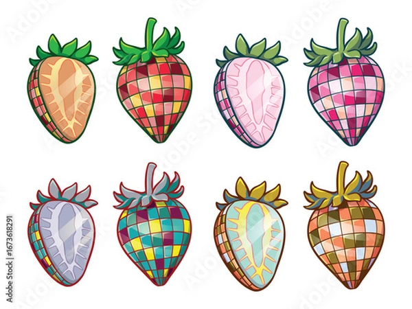 Fototapeta Set of retro disco strawberry set cartoon illustration, Illustrations about strawberry Disco ball with a shiny, glassy texture. Idea for print, cartoon, card, decoration and sticker.