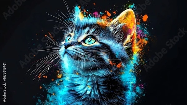 Fototapeta Beautiful Colorful Portrait Depicting Curious Kitten On Black Canvas