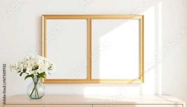 Fototapeta Elegant empty frame, white flowers in vase, beige table, minimalist home decor, house, still life