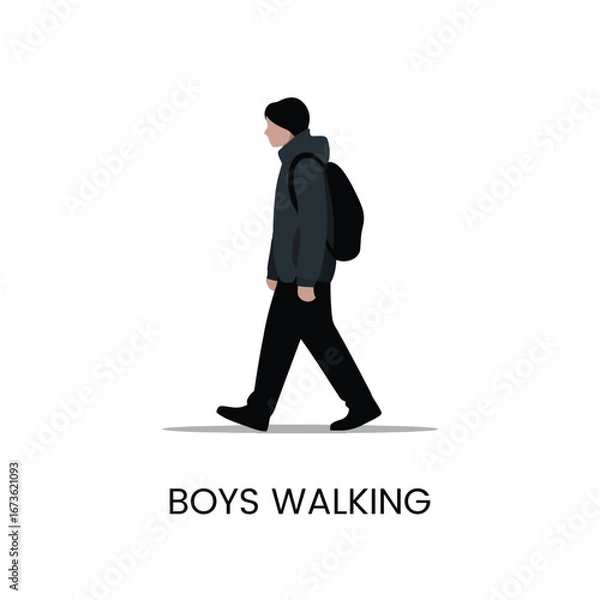 Fototapeta Vector art of a young boy wearing a beanie and jacket with a backpack walks with his legs apart, isolated on a