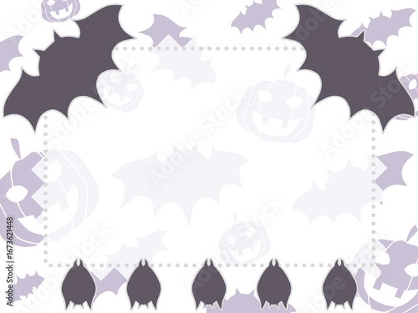 Fototapeta コウモリとカボチャのハロウィン用フレーム（白）