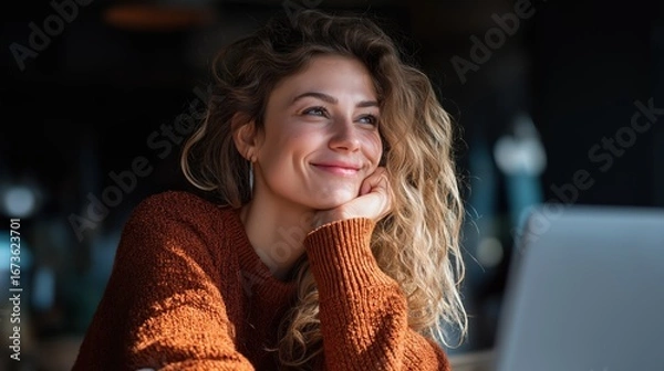 Fototapeta Joyful Young Woman Smiling While Working On Laptop At Modern Desk In Bright Cozy Office Interior