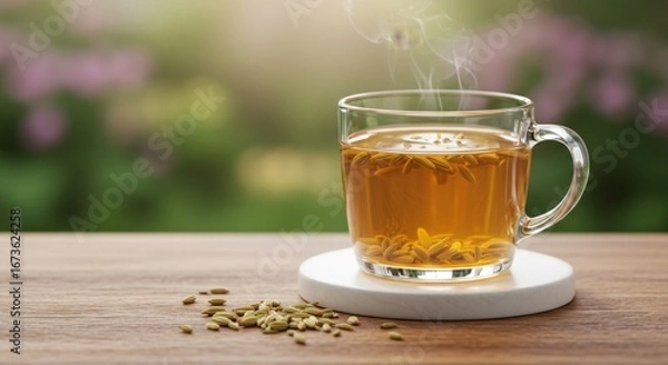 Fototapeta Steaming Herbal Tea in Glass Mug on Wooden Table