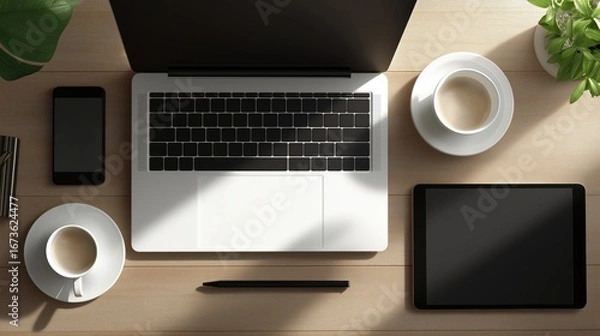 Fototapeta Professional Office Desk Top-Down View With Coffee Cup, Digital Tablet, And Minimalist Layout Under Bright Lighting