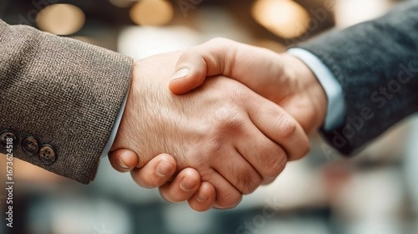 Fototapeta Close-Up Of Two Business Professionals Shaking Hands In Modern Office With Softly Blurred Background