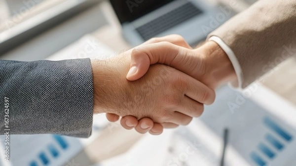 Fototapeta Ultra Sharp Top-Down View Of Business Team Hands Joined Together Highlighting Cooperation And Unity