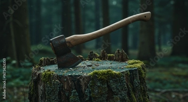 Fototapeta Rusty Axe on Mossy Tree Stump in Dark Forest