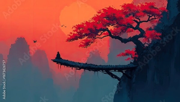 Obraz A solitary figure sits on a craggy bridge, overlooking a misty, mountainous landscape bathed in a fiery sunset.  A vibrant red tree crowns the scene