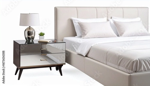 Obraz Beige upholstered bed with white bedding beside a sleek nightstand