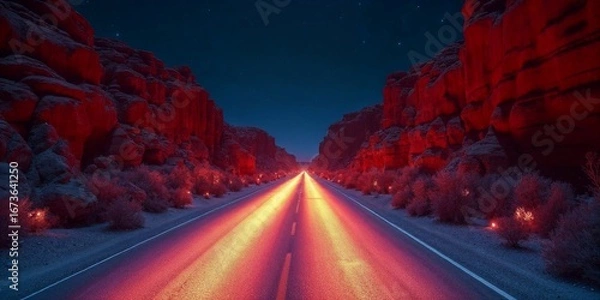Fototapeta Night Drive Through Canyon – Dramatic Moonlight on an Empty Desert Highway